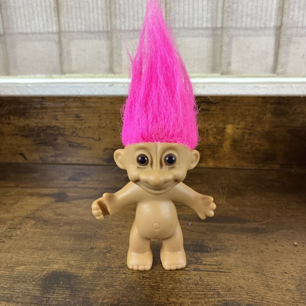 Vintage Russ Troll Doll Wishnick 4” Pink Hair Tan Body Brown Eyes